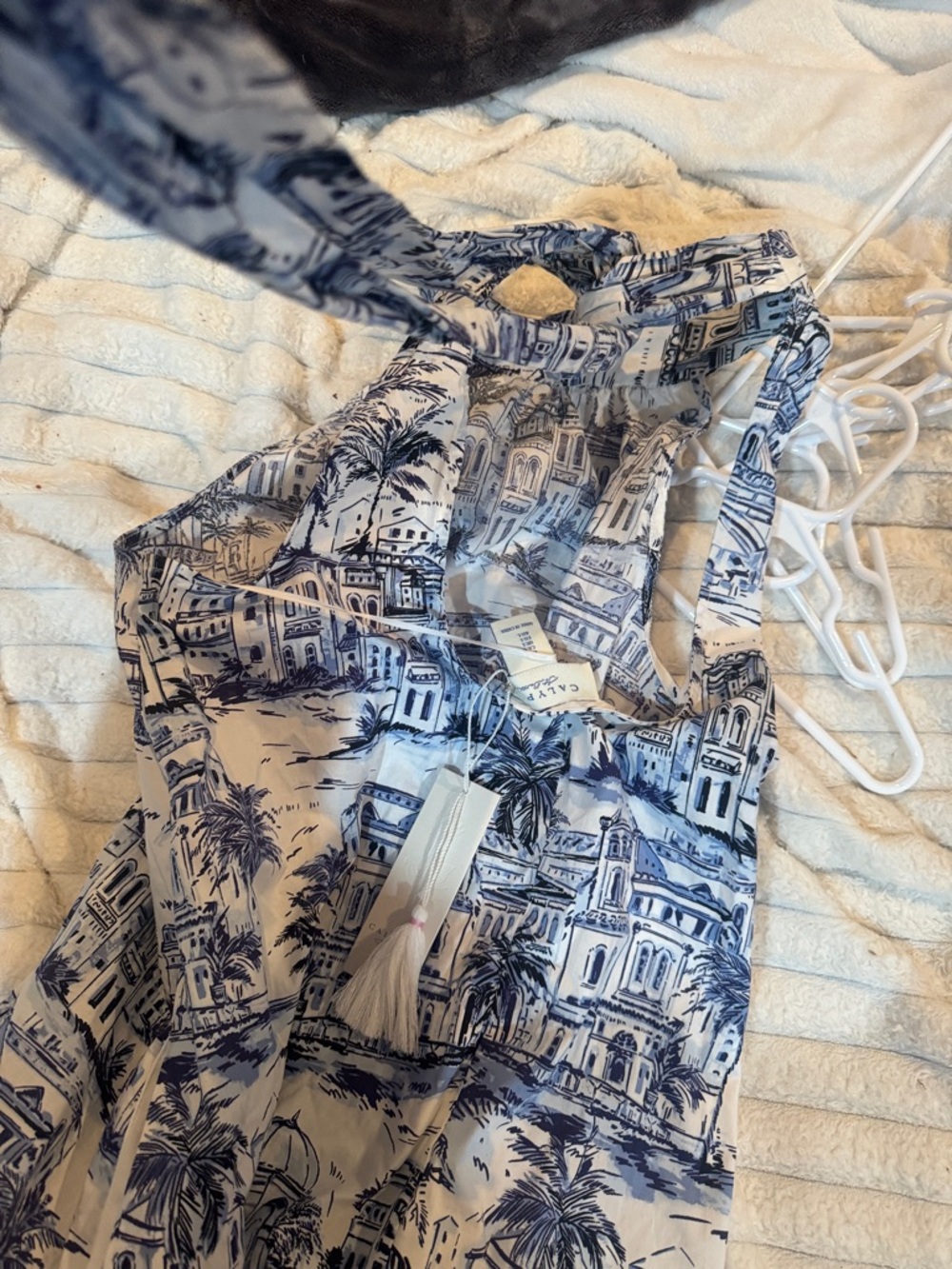 Blue & White Tropical Cityprint Halter Dress - Picture 6 of 7